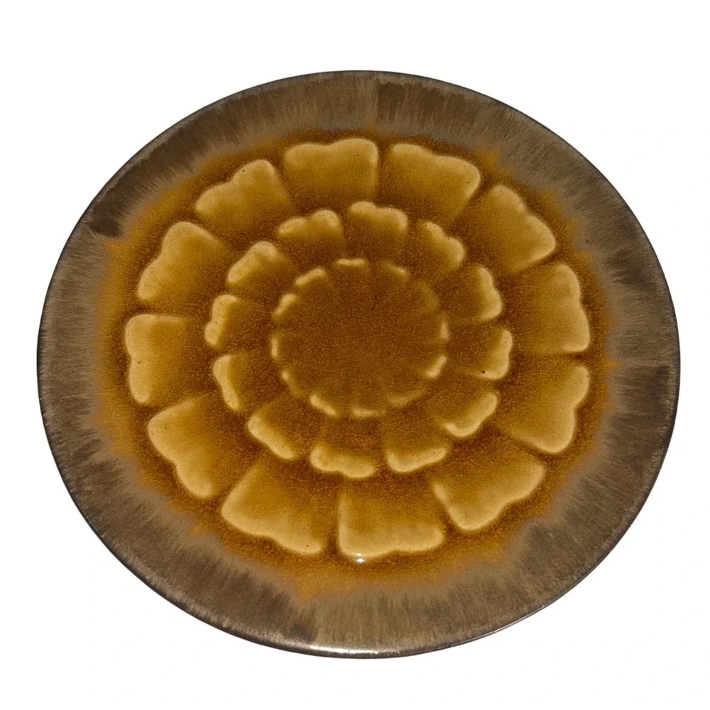 Pier 1‎ Akita Earthenware Plates Set of 4 Brown Gold Floral Design Lotuas Flower